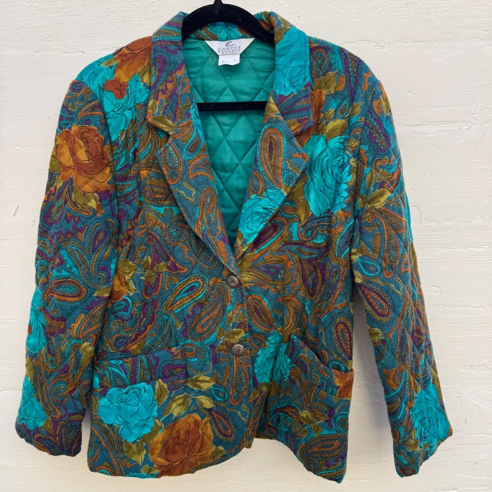Campus Casuals Blazer Vintage Teal Paisley Floral Quilted Jacket Boho 80s 90s